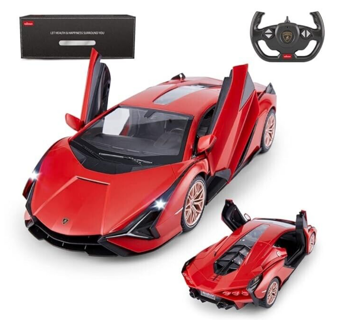 Red Rastar Lamborghini Sian RC car shown from the front side on a road surface