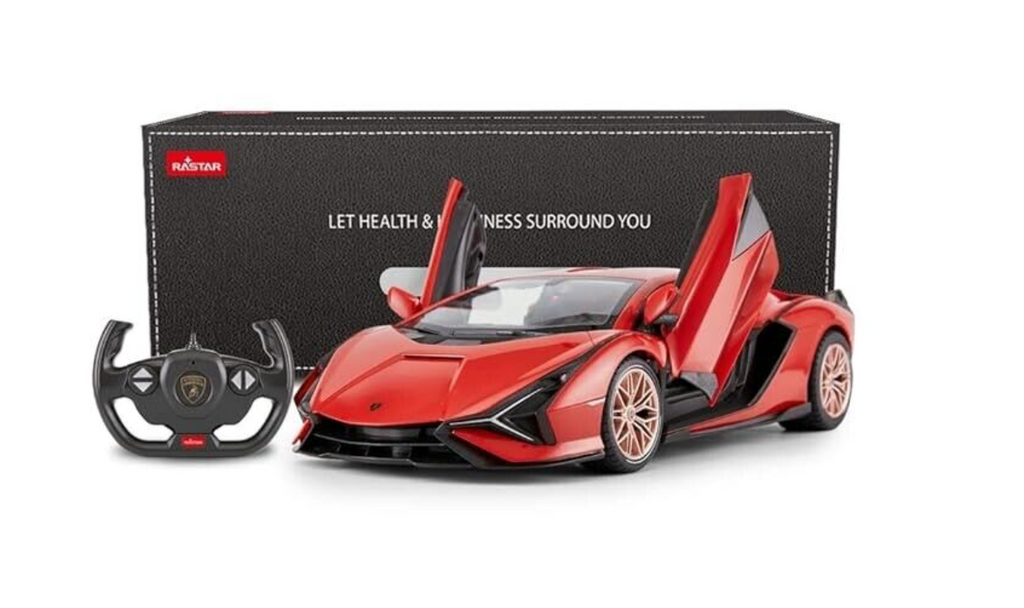 Rear view of the red Lamborghini Sian FKP 37 remote control car with butterfly doors open
