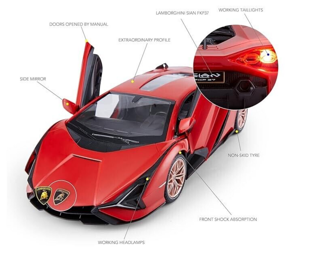 Annotated features of the Lamborghini Sian RC car including working lights and shock absorption