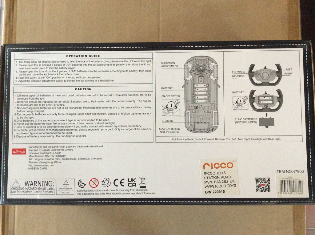 Base of the retail box showing full function radio control and licensing details