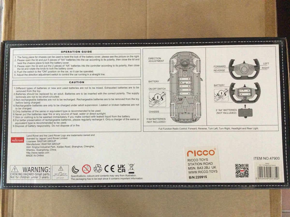 Base of the retail box showing full function radio control and licensing details