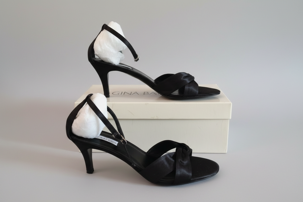 Gina Bacconi black satin strappy sandals side profile view