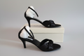 Gina Bacconi black satin strappy sandals side profile view