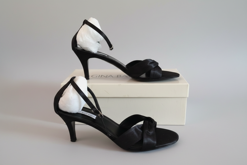 Gina Bacconi black satin strappy sandals side profile view
