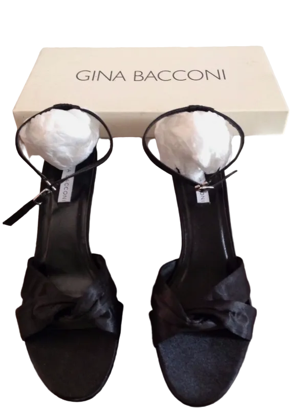 Gina Bacconi black satin strappy sandals top-down view with original box