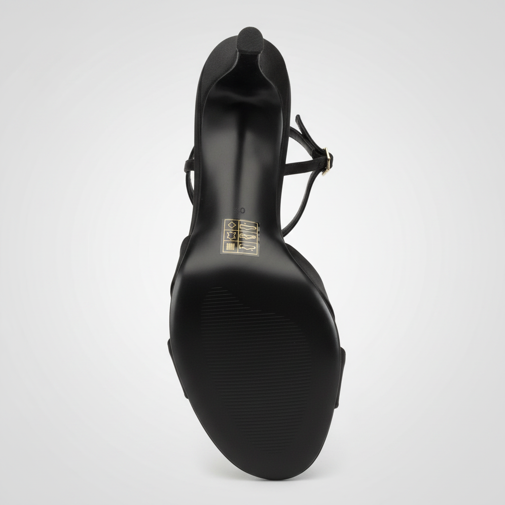 Gina Bacconi black satin strappy sandal sole view showing care label