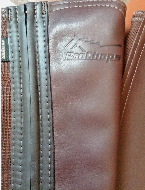 Original close-up photograph of brown ProChaps half chaps