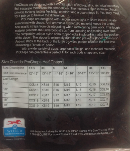 Black ProChaps Competition leather half chaps shown with original packaging