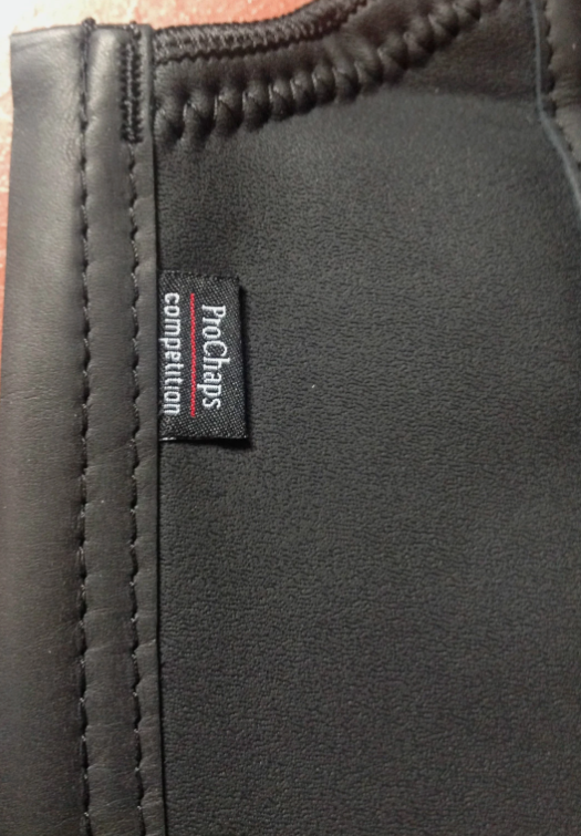 ProChaps Competition half chaps packaging with the size chart visible