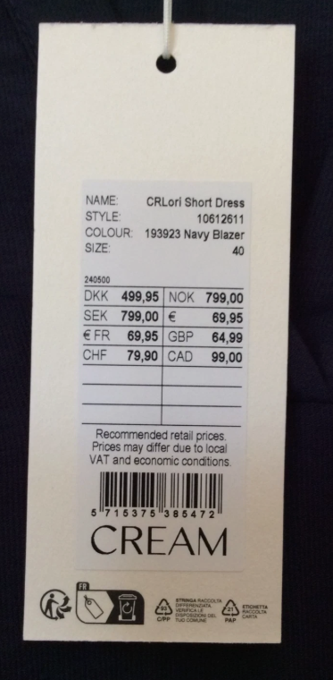 Cream CRLori Loose-Fit Dress – Navy Blazer – UK 12