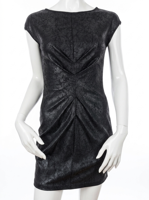 Amy Gee black mottled ruched mini dress, front view