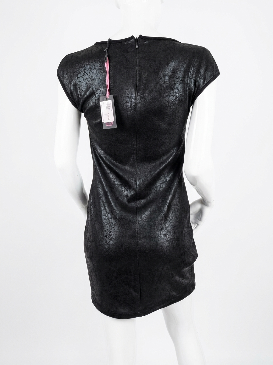 Amy Gee black mottled mini dress, back view with centre-back zip and tag attached