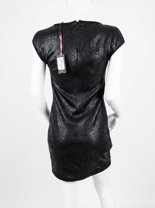 Amy Gee black mottled mini dress, back view with centre-back zip and tag attached