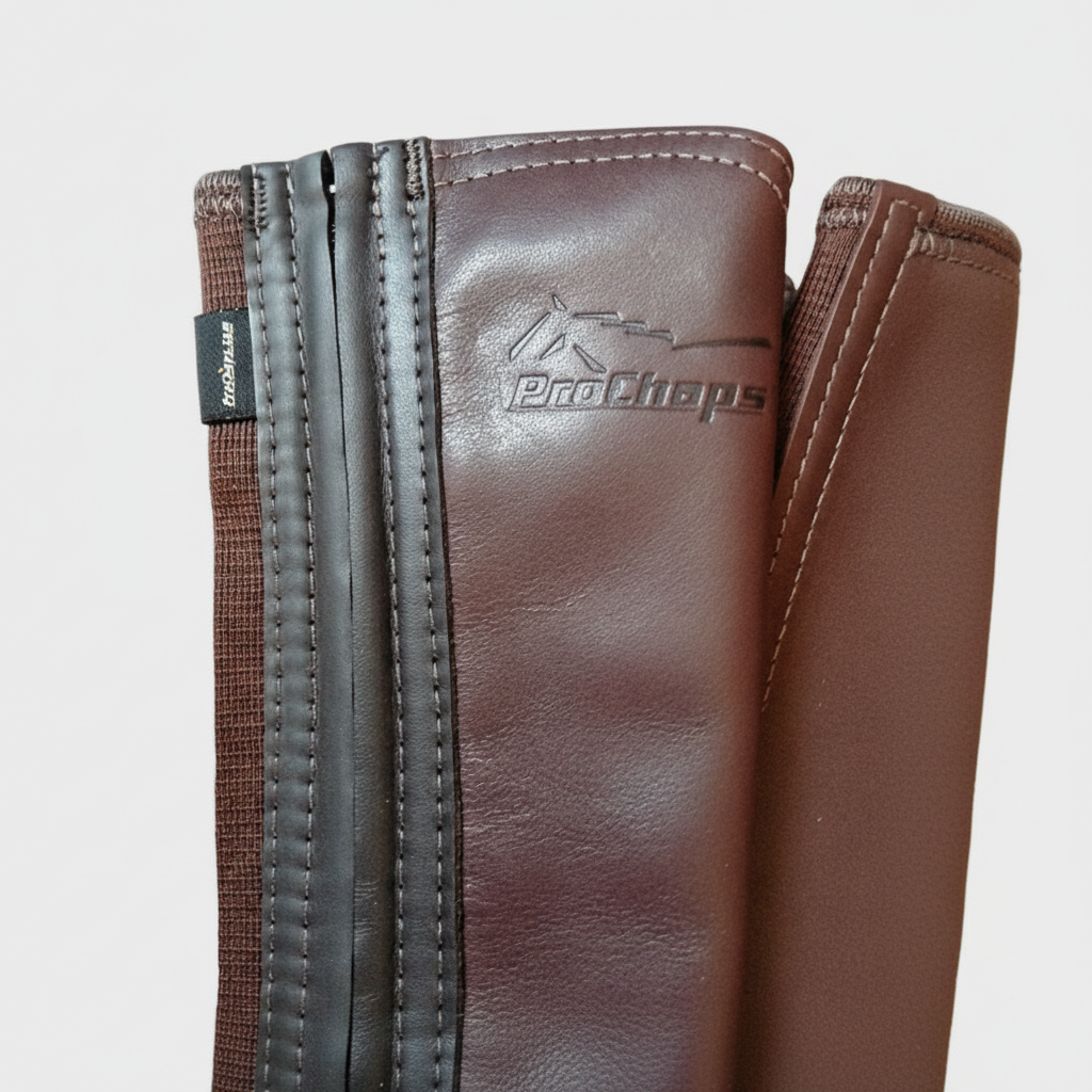 Close-up of the brown ProChaps half chaps showing the logo, zip and stitching