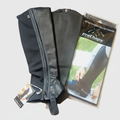 Black ProChaps leather and neoprene half chaps on a clean neutral background