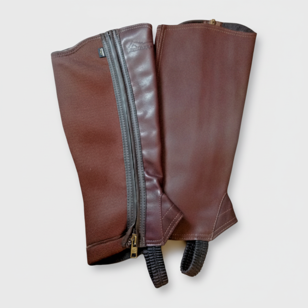 Brown ProChaps half chaps showing the full product shape, zip and elastic straps